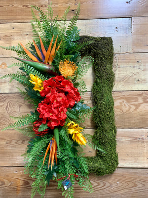 Tropical Rectangular Summer Wreath  with moss, birds of paradise, fern greenery, Bonnie Harms Designs