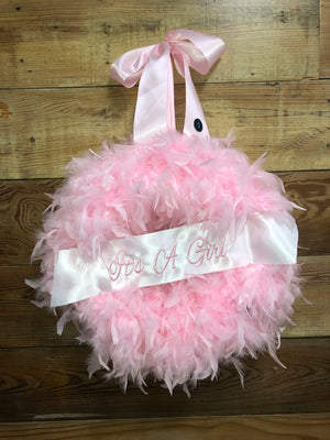 It's A Girl Feather Wreath - Pink Baby Girl Wreath - Bonnie Harms Designs