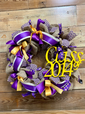 Purple and Gold Burlap wreath with Wooden Pendant - Bonnie Harms Designs