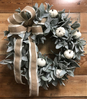 Luscious Lambs Ear Wreath with white pumpkins